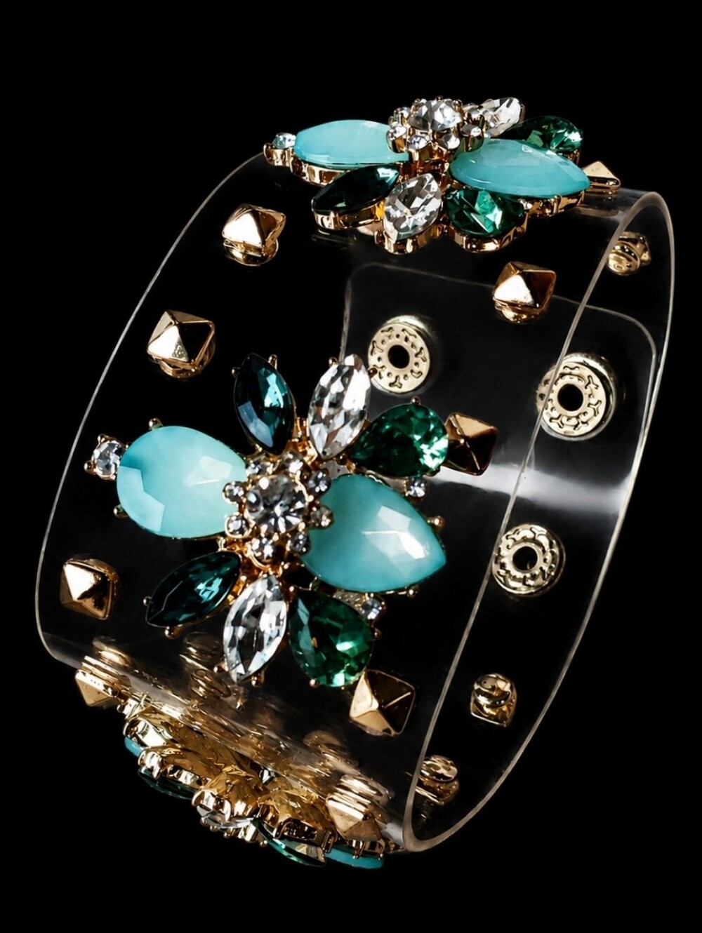 Thick Clear Plastic Gold Tone Rhinestone Snap Cuff Bracelet Emerald Seafoam EUC